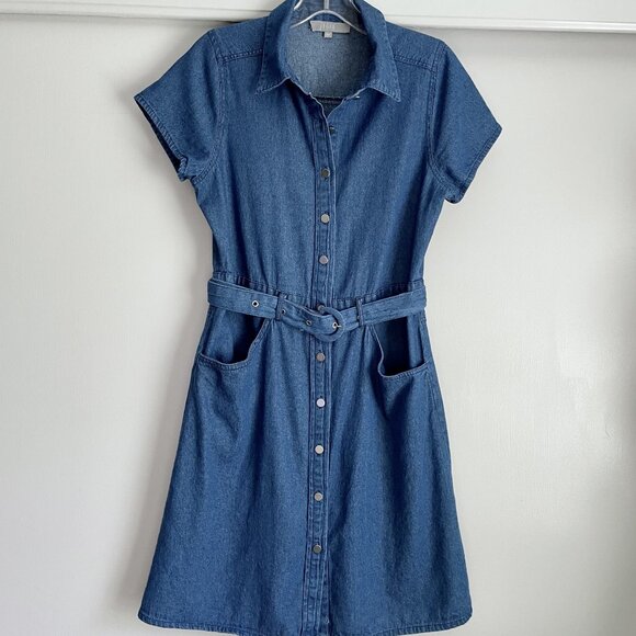 J GEE Dresses & Skirts - J GEE Denim Blue Jean Shirt Dress Size MP Short Sleeve Button Belted Pockets VTG